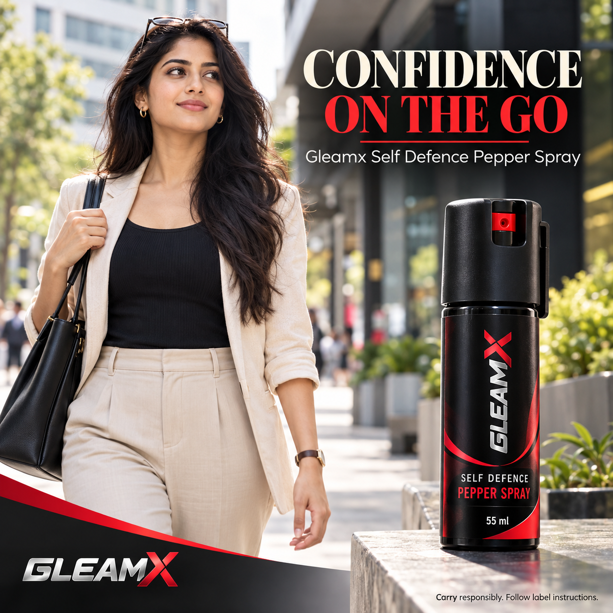 Woman carrying a handbag beside a black-and-red Gleamx Self Defence Pepper Spray 55 ml bottle, with the headline “Confidence on the Go