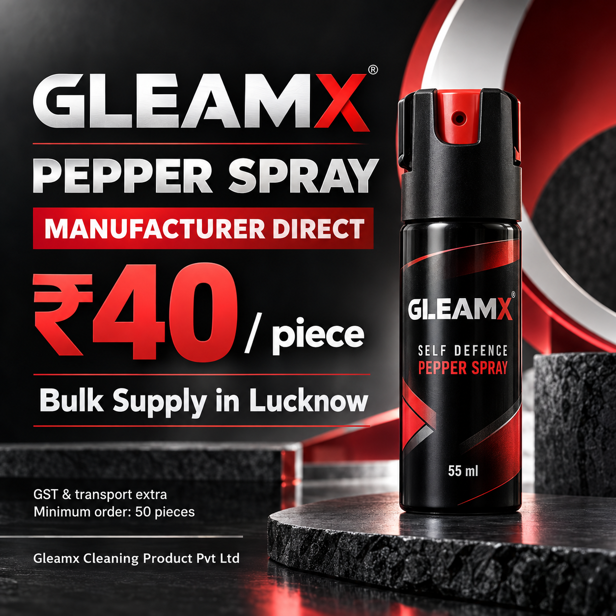 Gleamx Self Defence Pepper Spray 55 ml ad offering manufacturer-direct bulk supply in Lucknow at ₹40 per piece, minimum 50 pieces, with GST and transport extra.