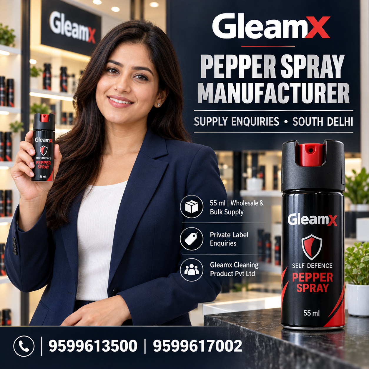 Woman holding Gleamx 55 ml pepper spray beside a product display promoting wholesale, bulk supply and private-label enquiries for South Delhi